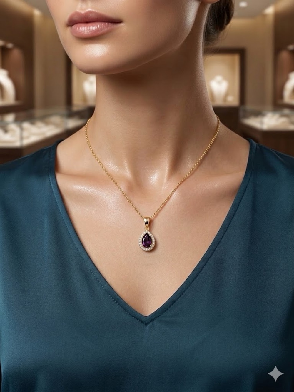 New Gold Teardrop Amethyst Color Pendant Necklace - Women Jewelry